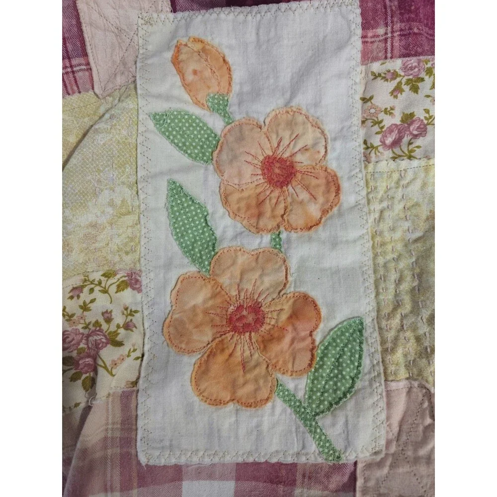Upcycled Shabby Patchwork Flannel Shirt L Flower Festival Artsy Boho Hippie - Picture 2 of 11